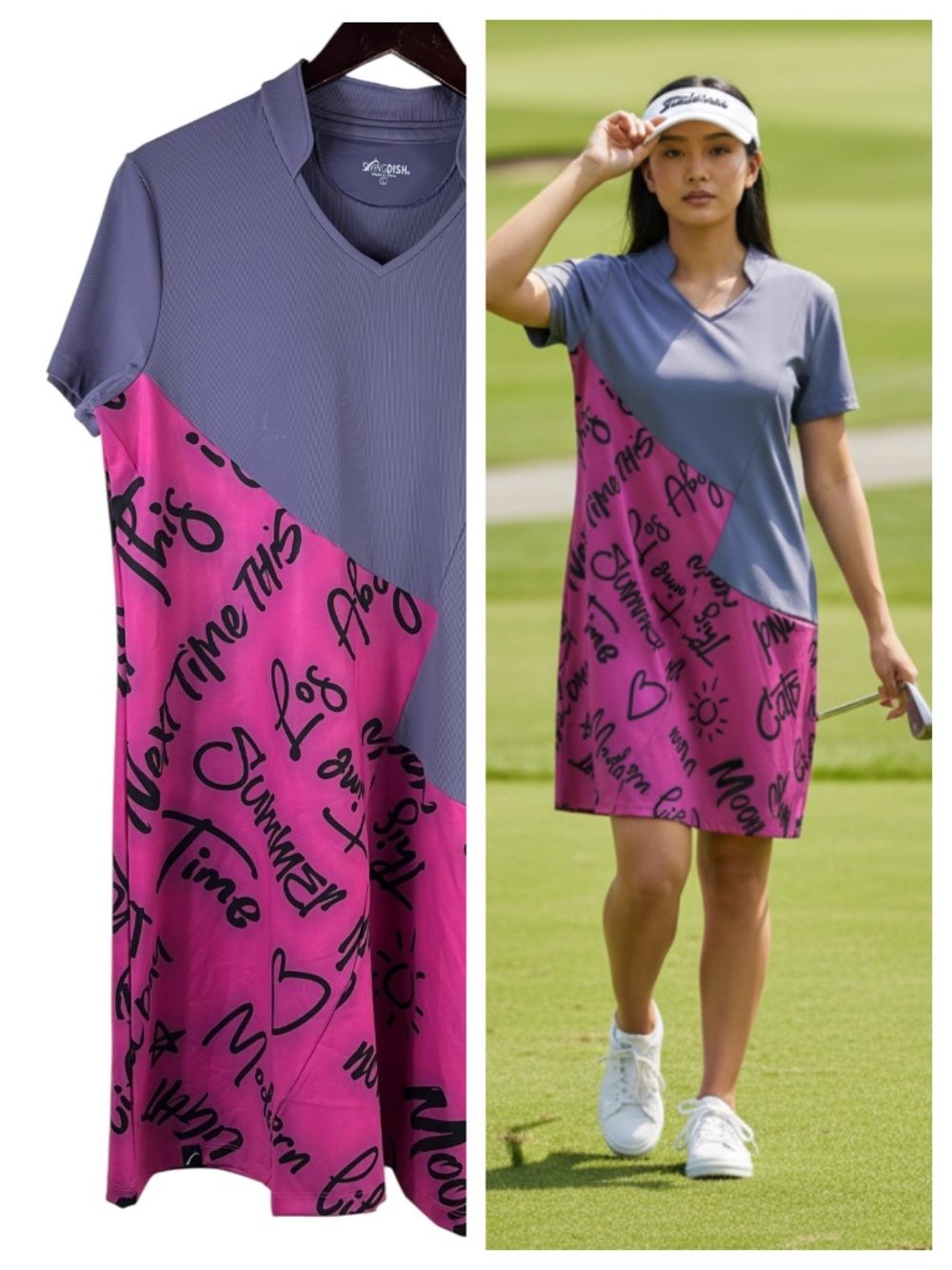 New SwingDish Golf Tennis Dress Large Art to Wear Graphic Purple Pink Pickleball